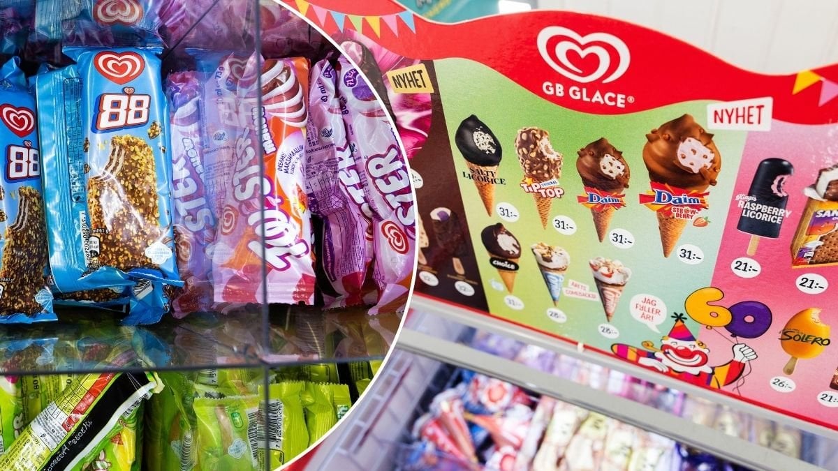 Bilder på GB glassar och en glasskylt.