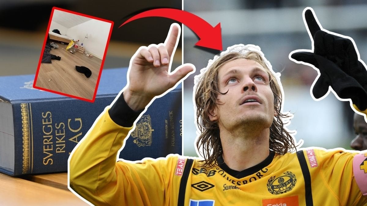 Bild på svensk lagbok till vänster. Över den en bild på lägenheten som Tobias Grahn äger. Bild på Tobias Grahn till höger. Han tittar och pekar upp.