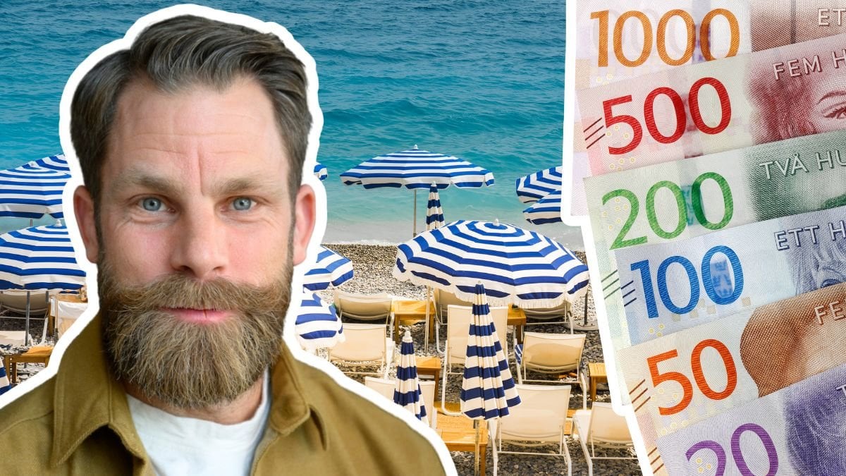 Vardagsekonomen Magnus Hjelmér, parasoll på en strand och svenska sedlar
