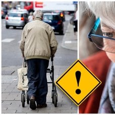 Äldre man med rullator och en äldre kvinna som pratar i mobiltelefon