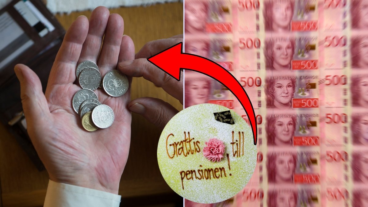 Mynt i handen, sedlar och en tårta med texten grattis till pensionen.