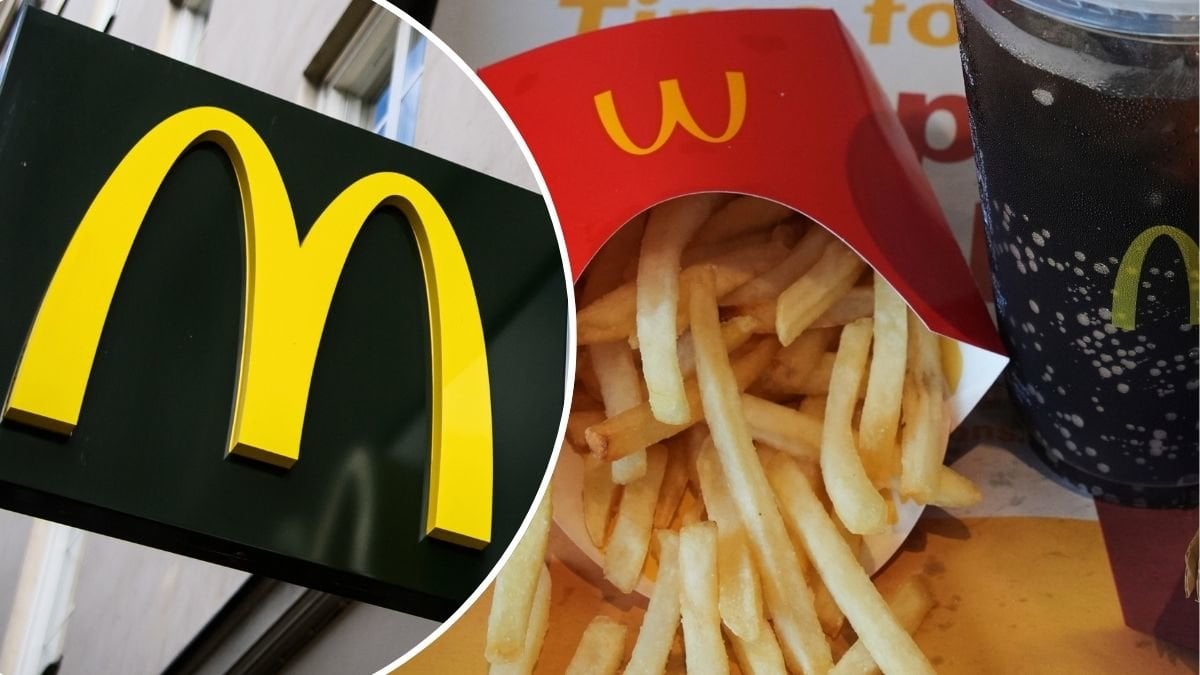 Bild på en  McDonalds-skylt och pommes frites.
