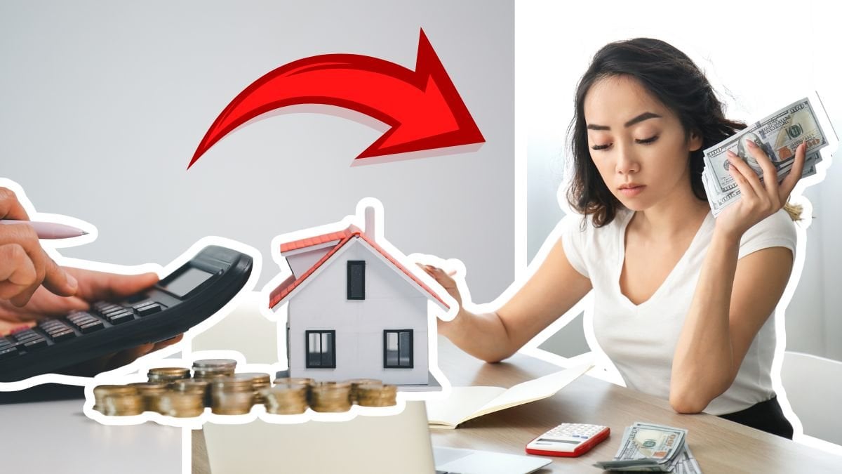 Person med miniräknare och ett miniatyrhus till vänster. En kvinna räknar pengar till höger.