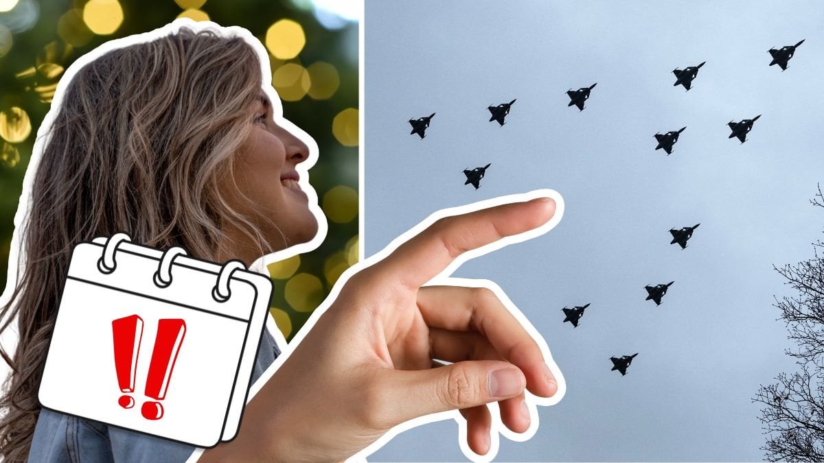 Kvinna som tittar upp och stridsflygplan i julgransformation