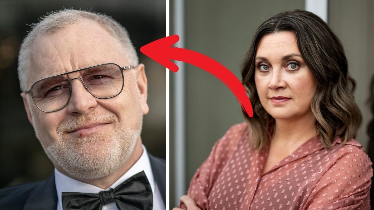 Dermot Clemenger närbild vänster. Camilla Läckberg närbild höger. Röd pil pekar på Dermot.