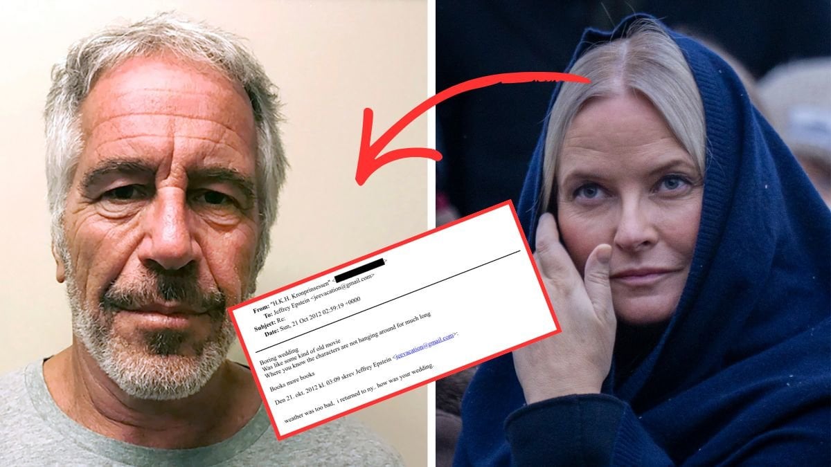 Jeffrey Epstein vänster, Mette-Marit höger, skärmbild av mailet utklippt i mitten.