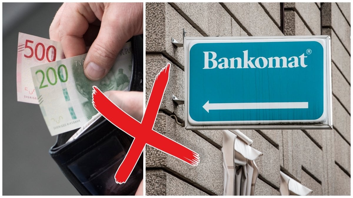 Sedlar i en plånbok och en Bankomat-skylt