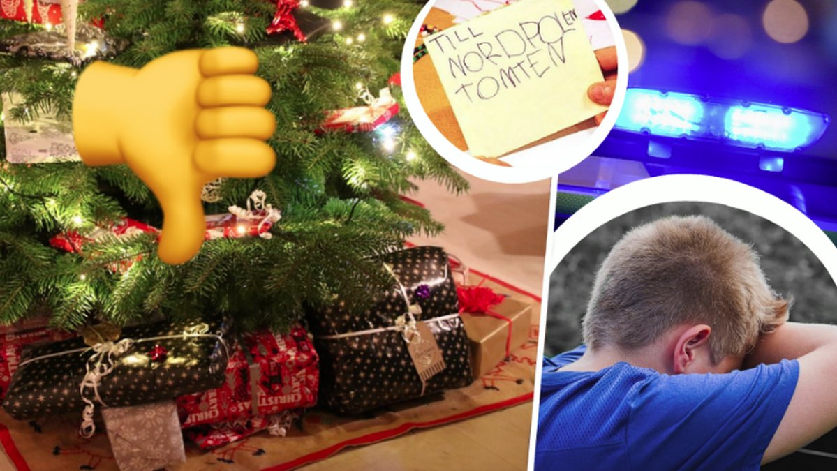 Julgran med julklappar, önskelista, blåljus, ledsen pojke