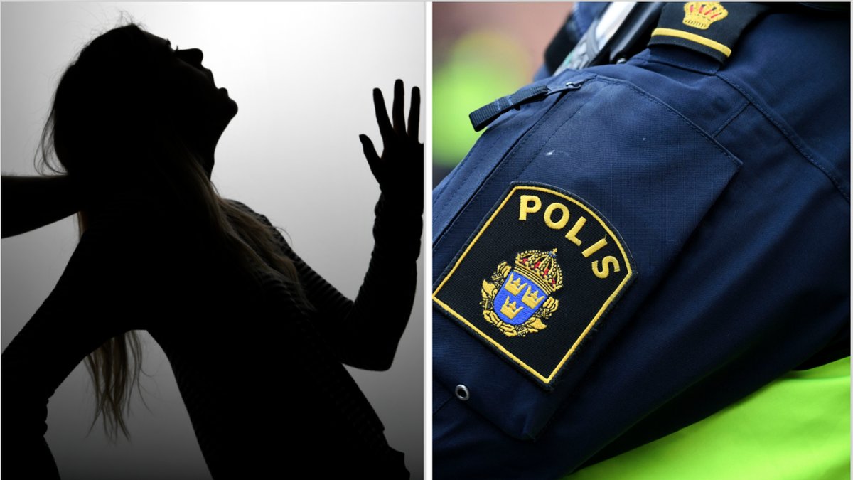 Genre bild på kvinna som blir utsatt för våld samt genrebild på polis.
