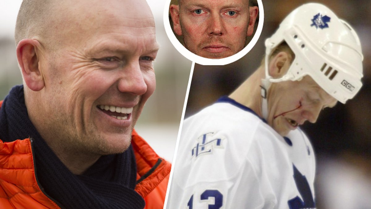 Mats Sundin i orange jacka. Mats Sundin i hockeykläder.