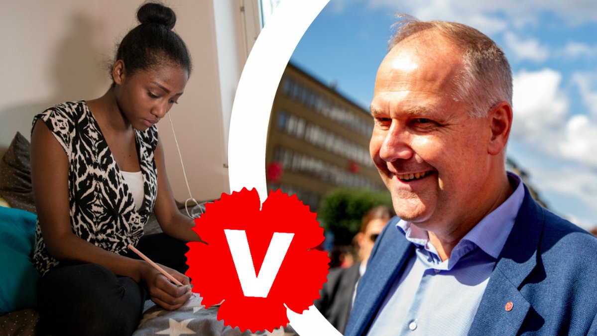 Tjej som pluggar, till höger en glad Jonas Sjöstedt. Montage