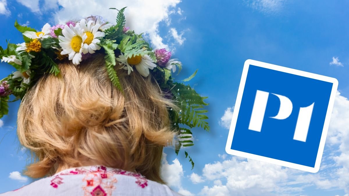 Kvinna med midsommarkrans, blå himmel och P1:s logga