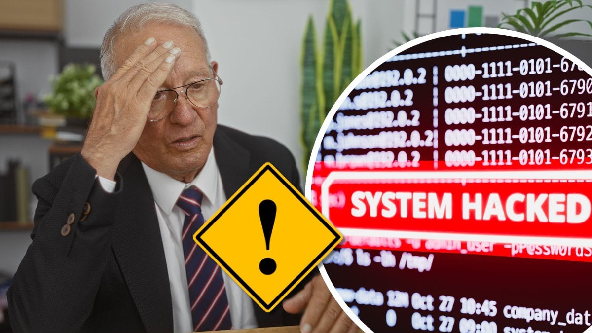 Man som ser orolig ut och håller sig för pannan och en skärm med texten System hacked