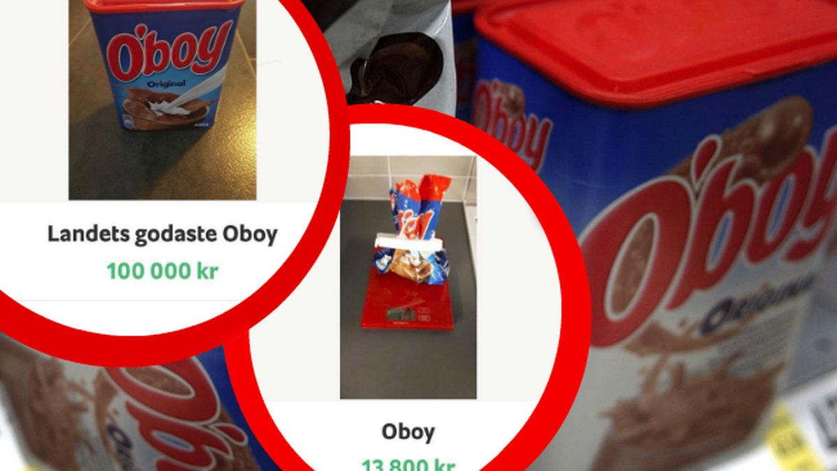 Två annonser som säljer O'boy. En oboy-burk.