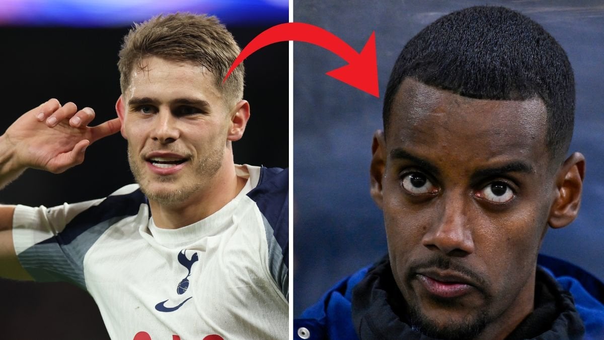 Micky van de Ven till vänster. Alexander Isak till höger. Röd pil pekar på Alexander Isak från Micky van de Ven.