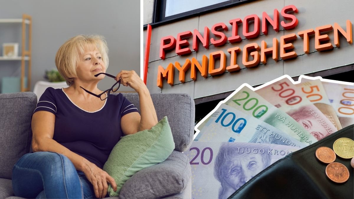 Kvinna tänker i en soffa, pensionsmyndighetens logga på en fasad och pengar i en plånbok.