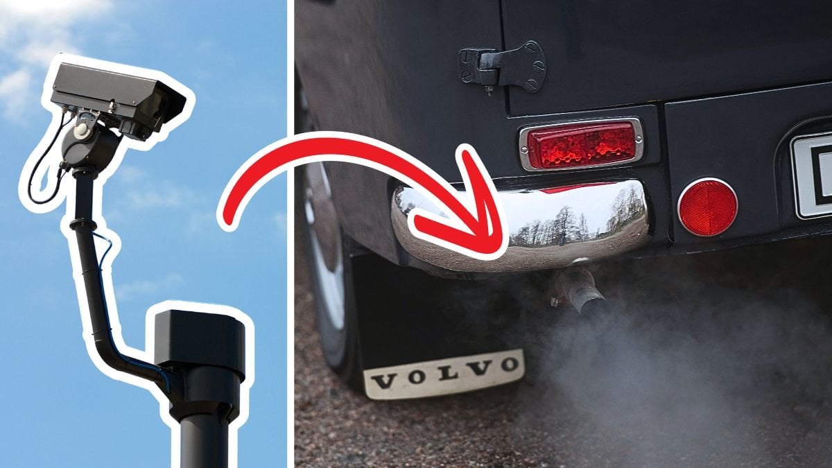 Kamera på vägen och avgasrör.