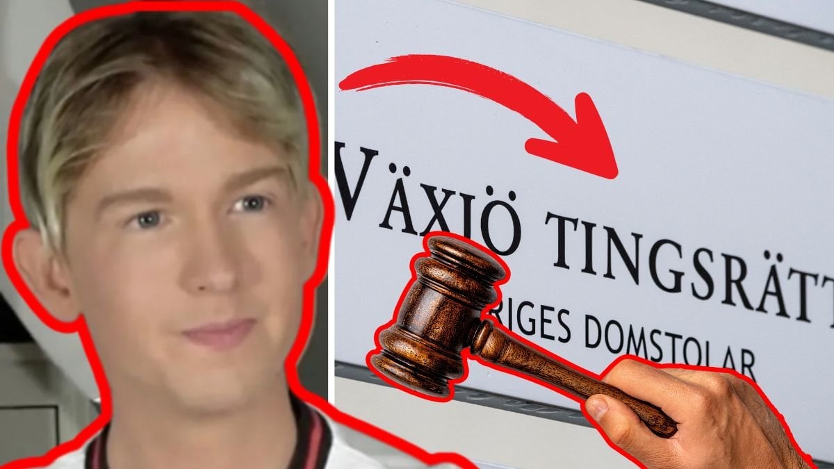 Pontus Rasmusson närbild vänster. Växjö Tingsrätt-skylt höger. Utklippt domare-klubba i mitten. Röd pil pekar från Pontus till Tingsrätt-skylten. 