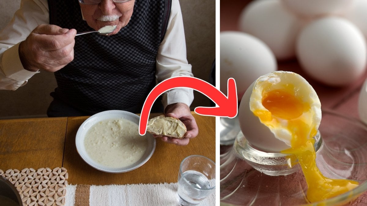 En äldre man som äter soppa och ett ägg.