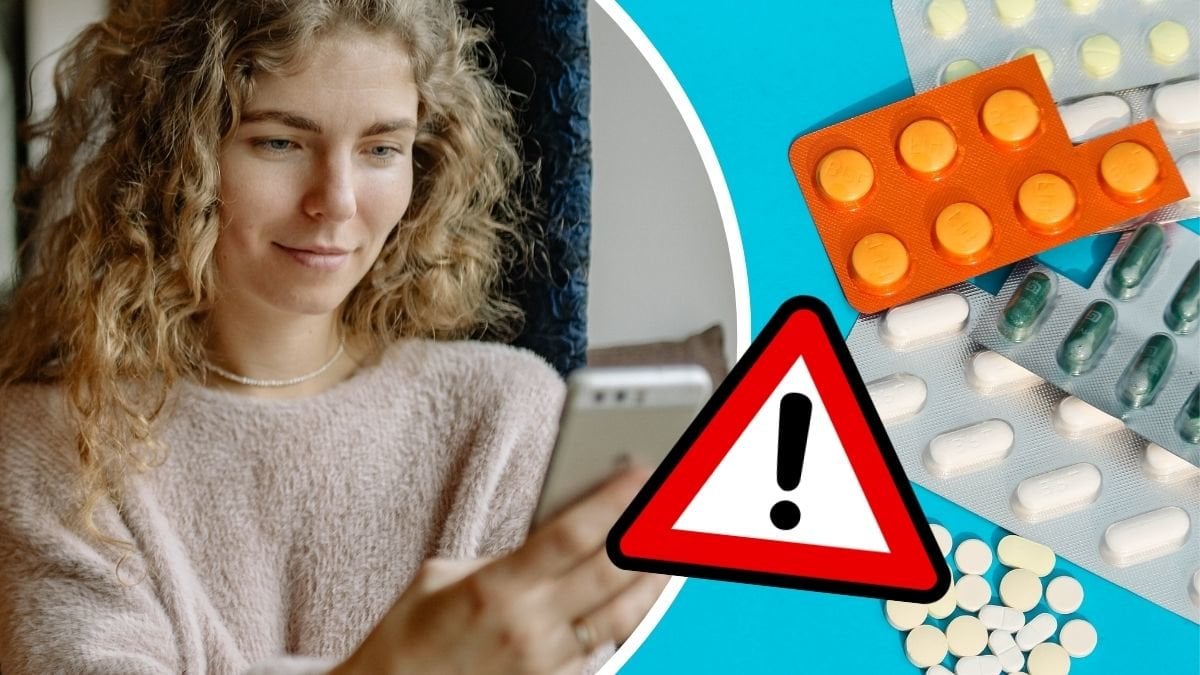 Kvinna tittar på mobiltelefon och kartor med läkemedel