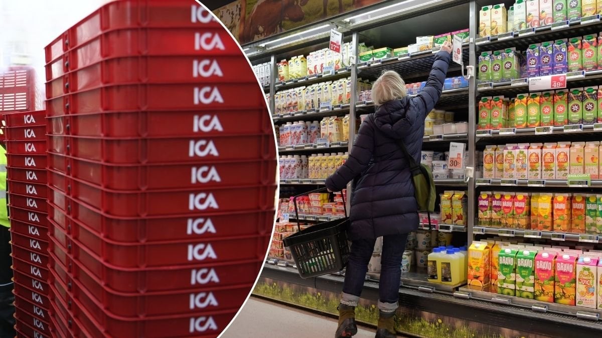 Bilder på kundkorgar och en kvinna som handlar.