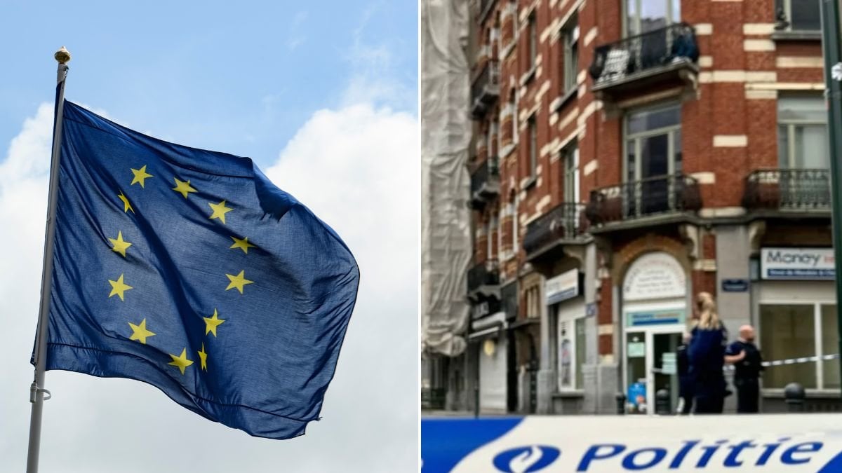EU-flagga och belgisk polis.