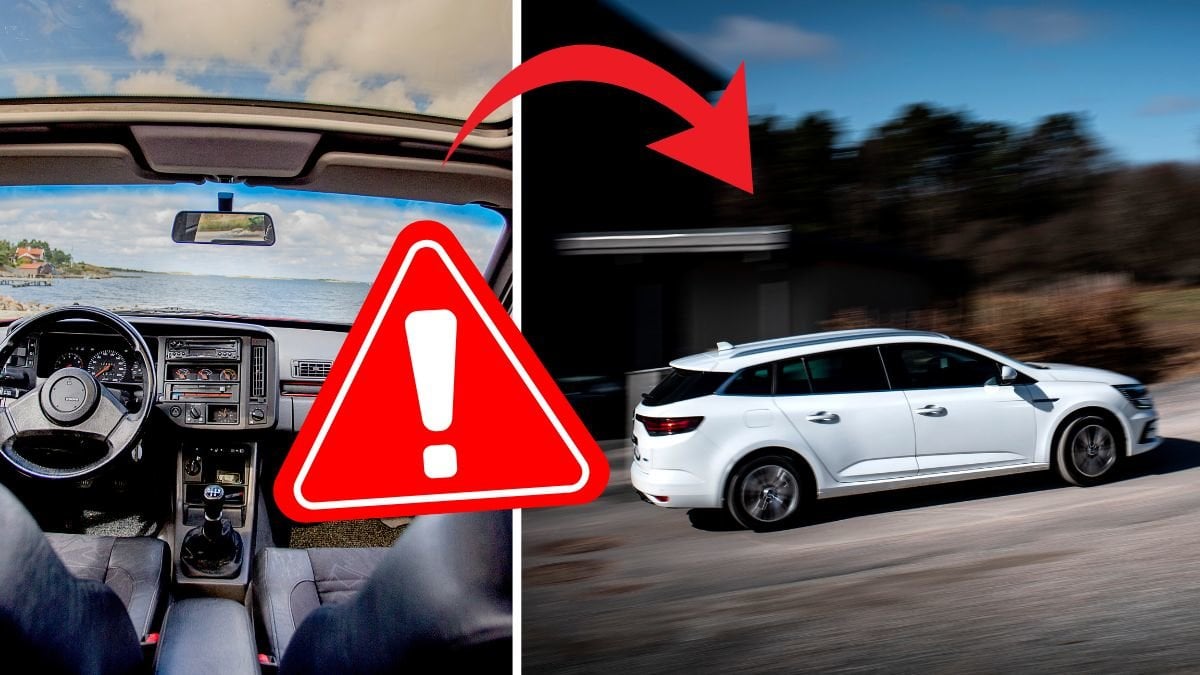 Bildisplay till vänster, Vit bil rullar till höger. Röd varningstecken utklippt i mitten. Röd pil pekar på bilen från displayen.