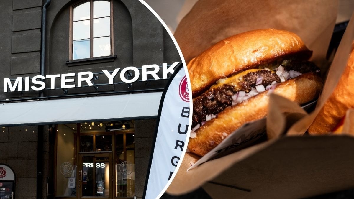 Bilder på burgare och Mister Yorks restaurang.