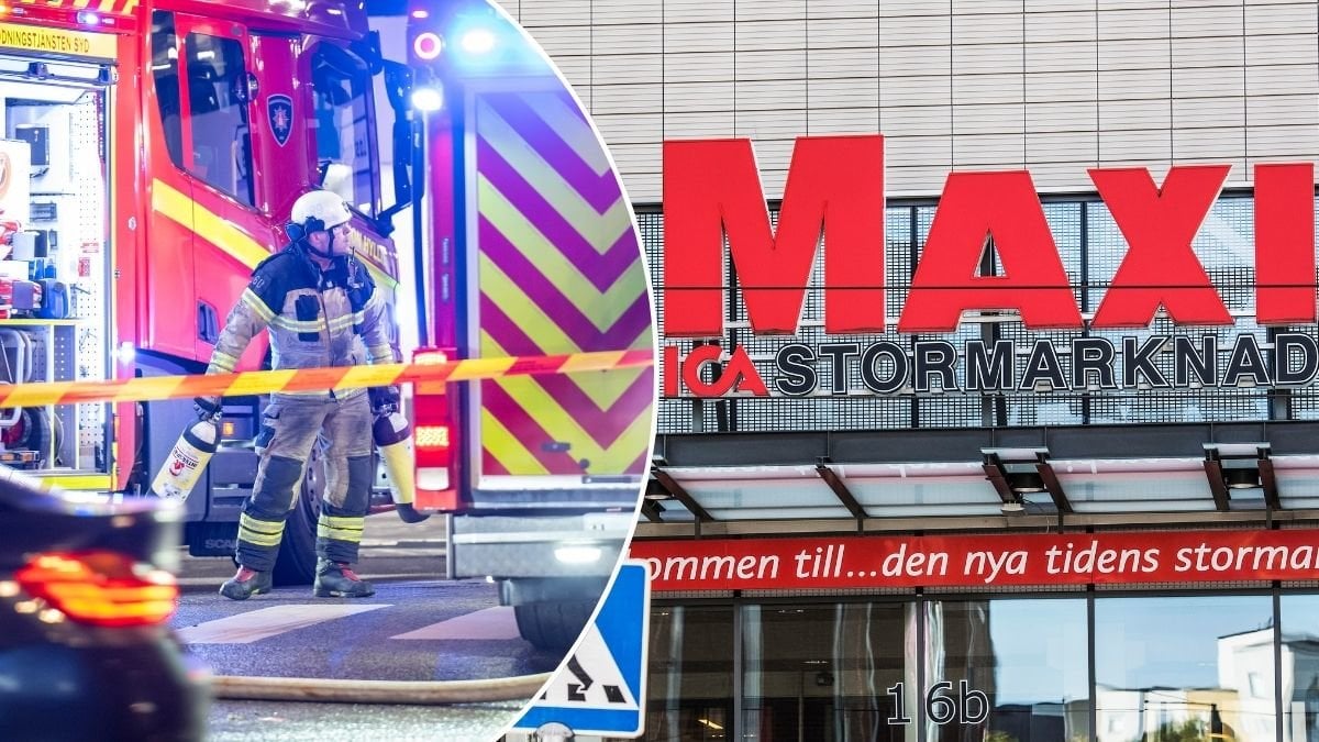 Bilder på räddningstjänsten och Ica Maxis entré.