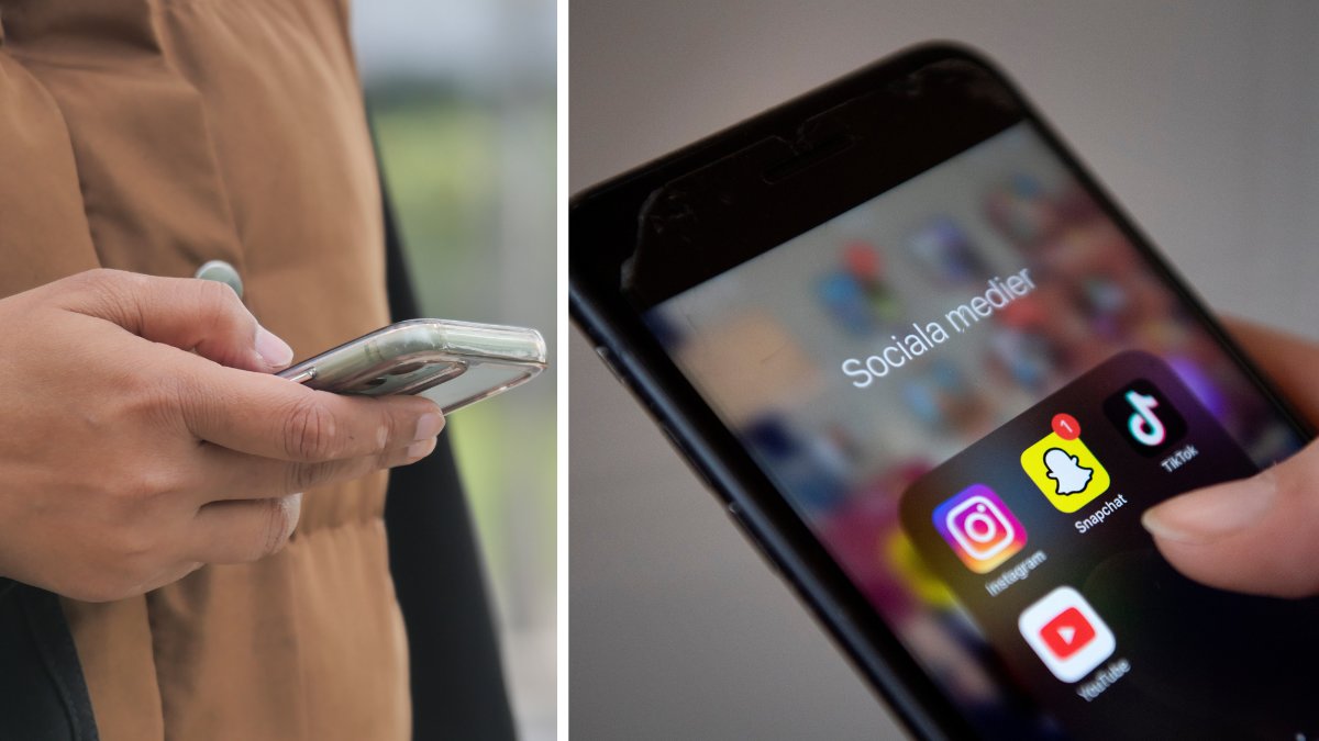 Person på en mobil vänster. Snapchat app-ikon höger.
