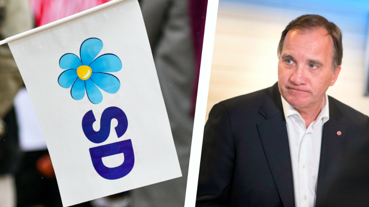 En pappersflagga med SD-loggan på. Till höger Statsminister Stefan Löfven. Montage