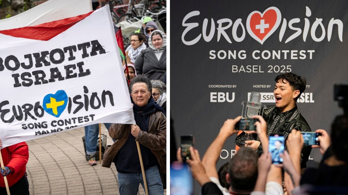 Bild på protest mot Israel i Eurovision & Bild på presskonferens med eurovisionvinnare