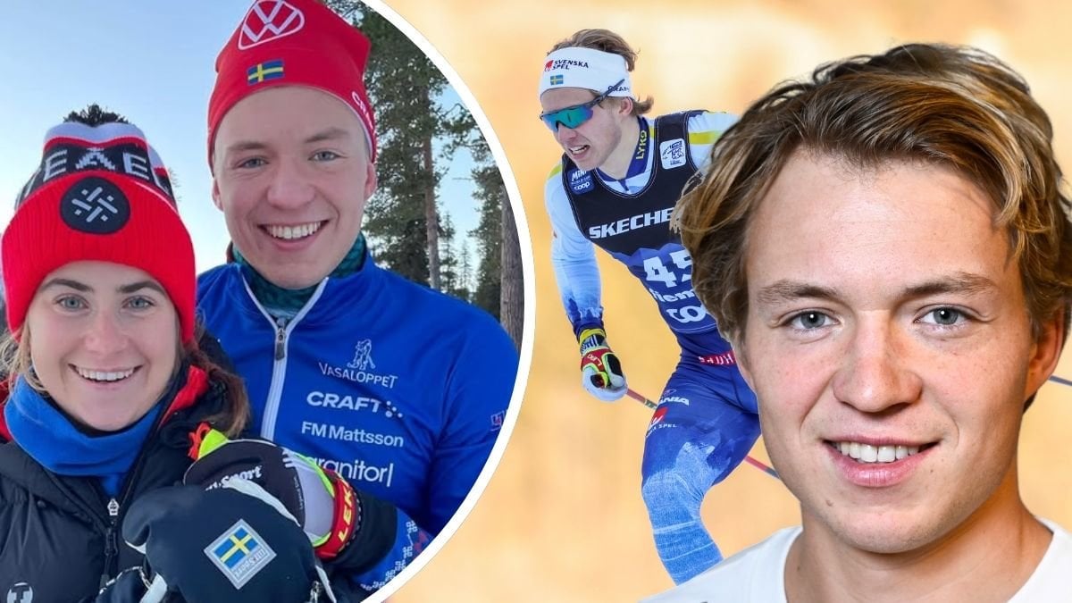 Ebba Andersson och Gustaf Berglund, Gustaf Berglund under en tävling i längdskidåkning och Gustaf Berglund