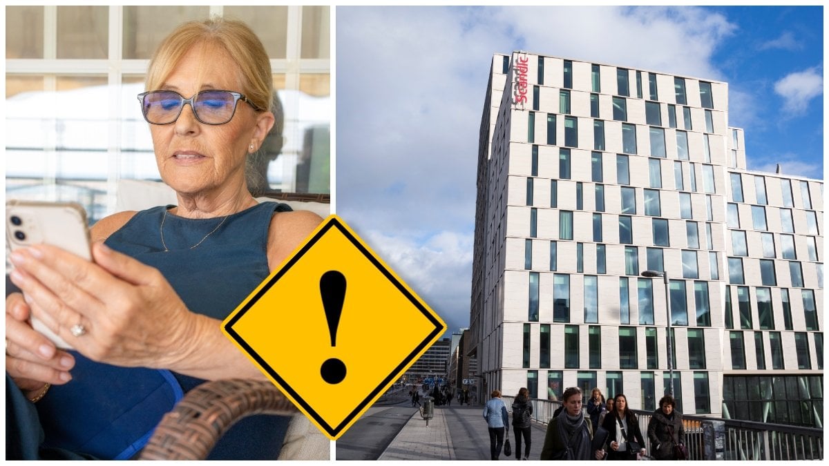 Äldre kvinna med mobiltelefon och ett Scandic-hotell