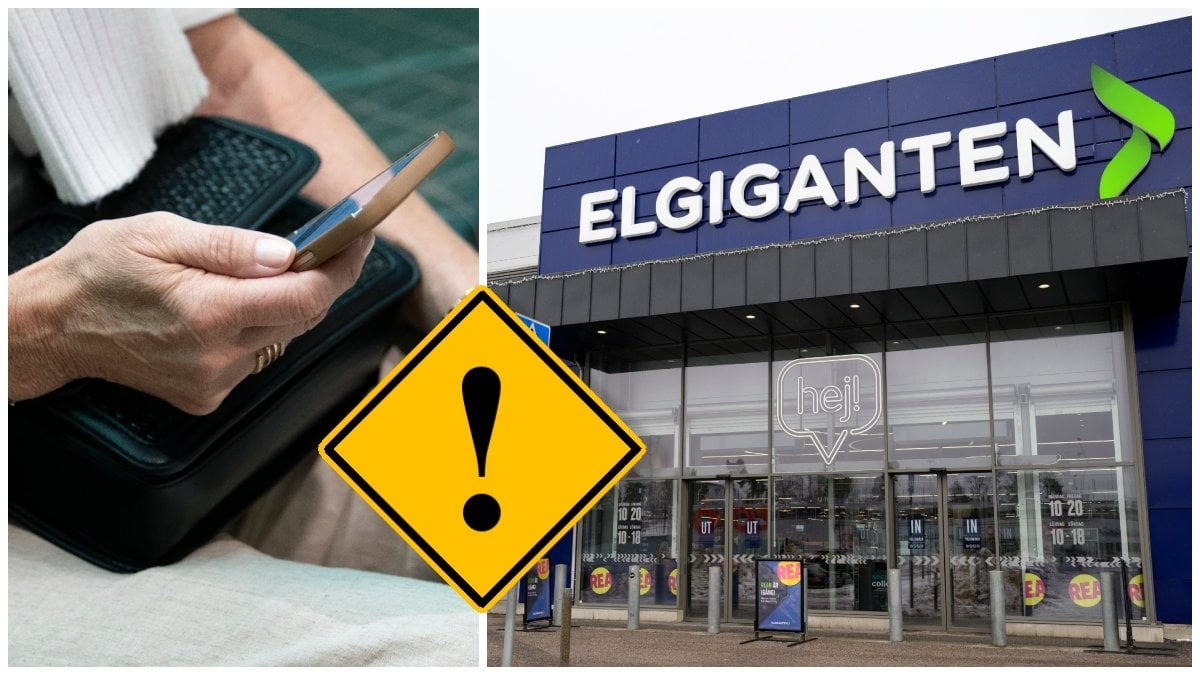 Mobiltelefon i handen på en kvinna och entrén till en Elgiganten-butik