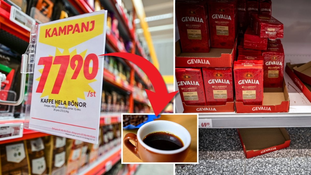 Kaffehylla och kaffe.