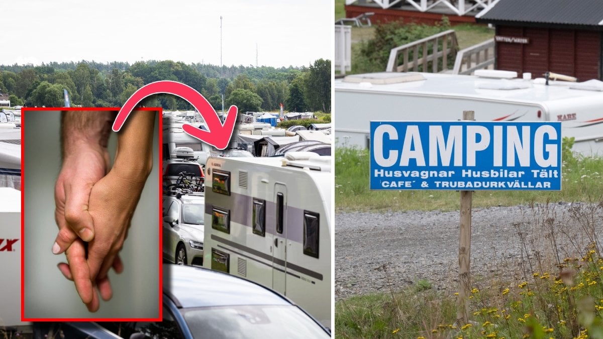 Två personer som håller varandra i händerna, en camping full av husbilar och en skylt med texten Camping på.