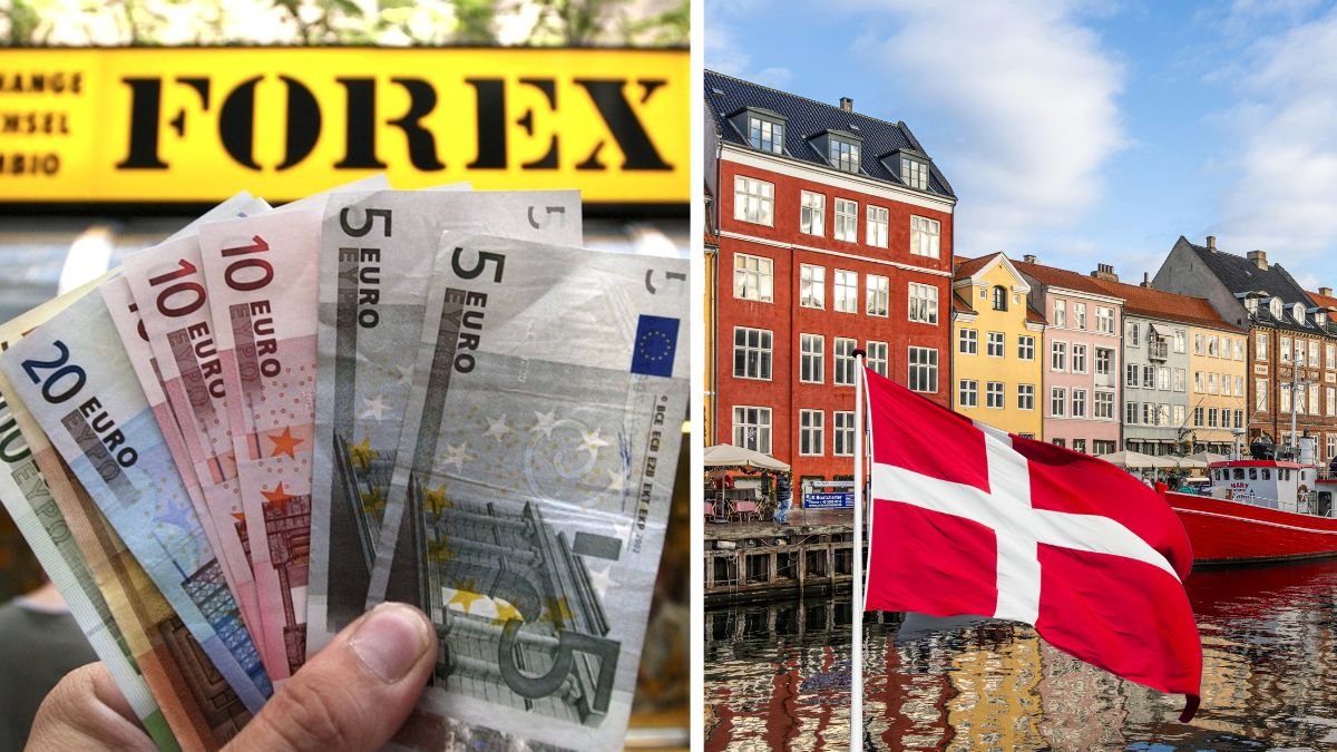Valuta pengar och forex, samt danmarks stad med en dansk flagga.