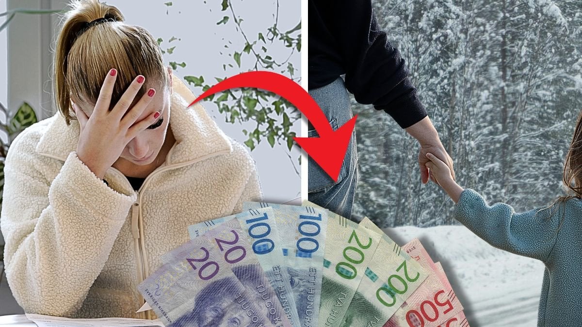 Kvinna sitter med fakturor och en mamma och barn håller hand. 