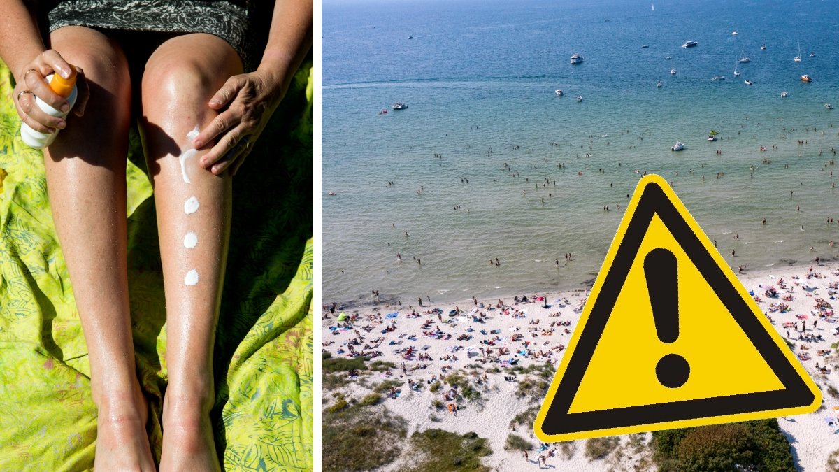 Ben med solkräm på och en strand