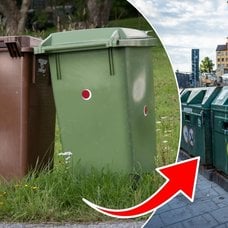 Bilder på en återvinningscentral och soptunnor.