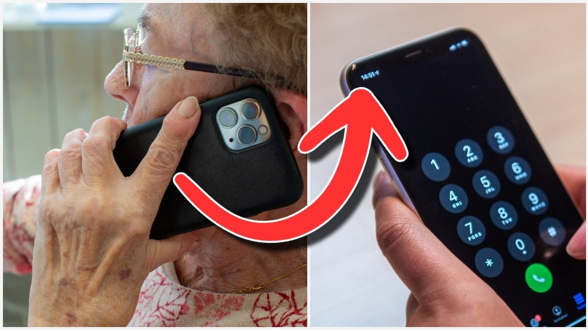 Äldre dam pratar telefon och mobilskärm.