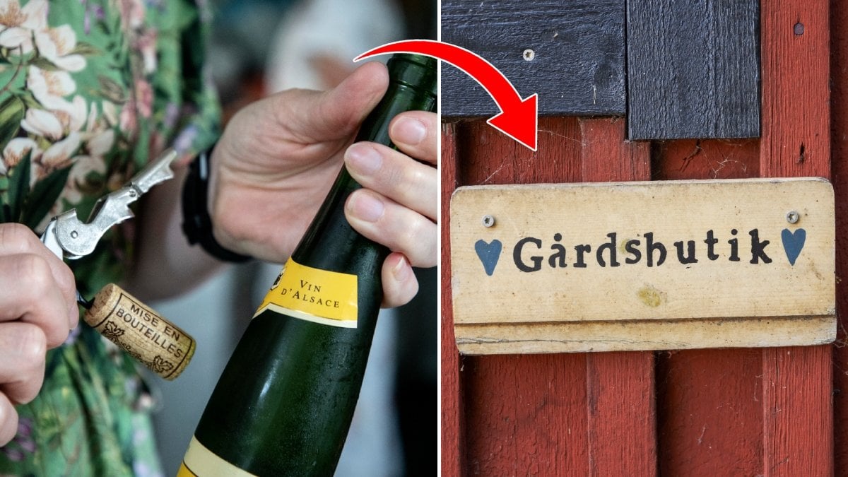En kvinna öppnar en flaska mousserande vin och en skylt på en röd stuga med ordet Gårdsbutik.