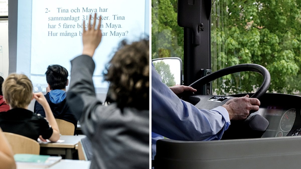 Genrebild på skolbarn och busschaufför.