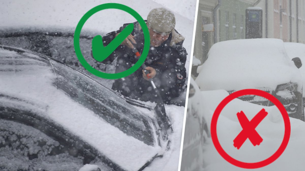 Bil med skrapad ruta och tak, snötäckt bil. rött kryss och grön bock