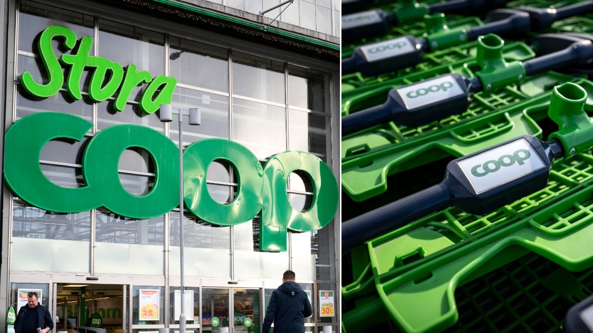 Bild på entrén till Coop och Coop-kundvagnar.