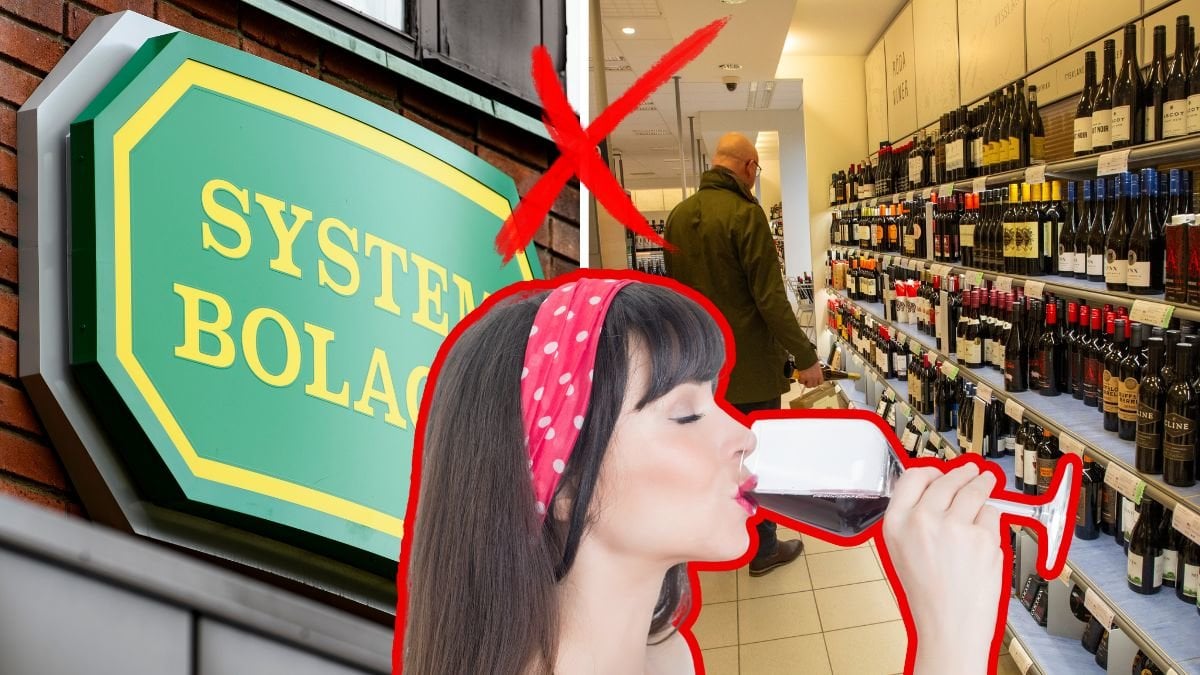 Systembolaget skylt till vänster. En utklippt bild på en kvinna som dricker rött vin i mitten, ett rött X över henne. Bild på en man bakifrån som kollar på en hylla med viner på Systembolaget till höger.