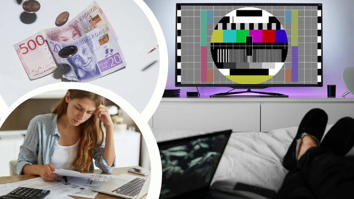 En tv. Tjej betalar räkningar. Pengar som faller