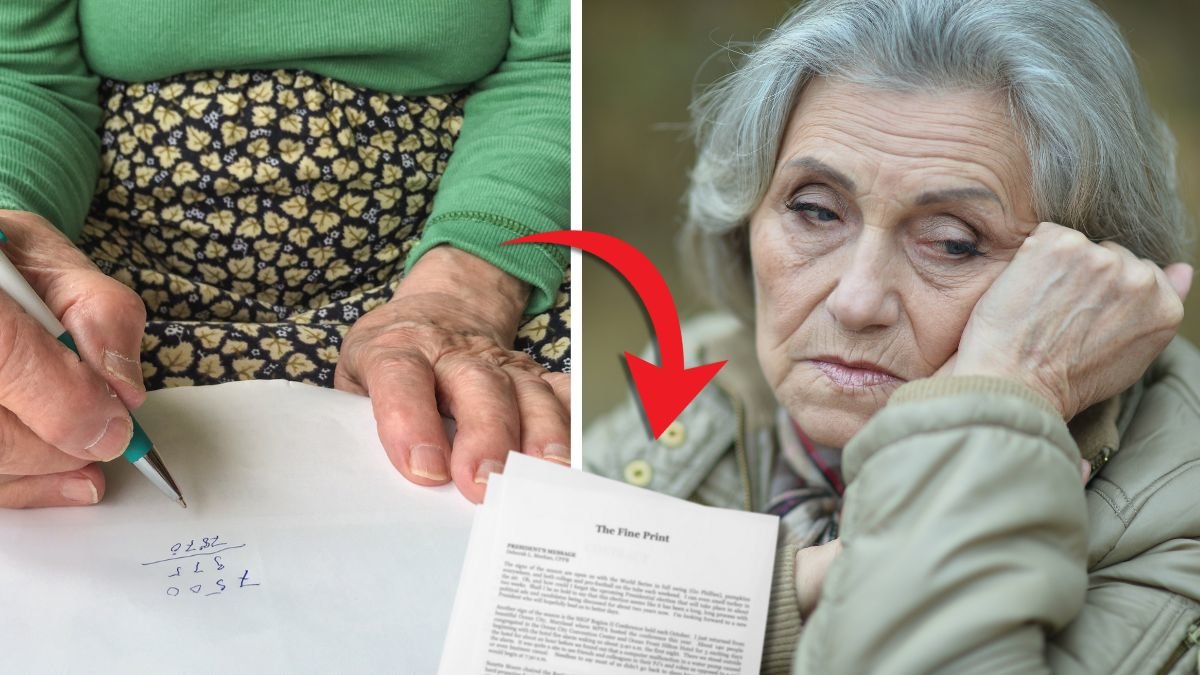 Skriva dokument och ledsen pensionär.