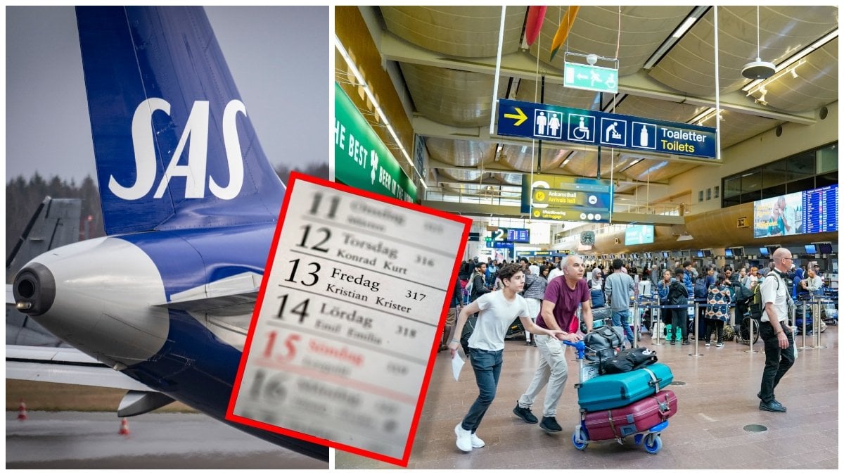 SAS-flygplan, kalender och människor på Arlanda flygplats